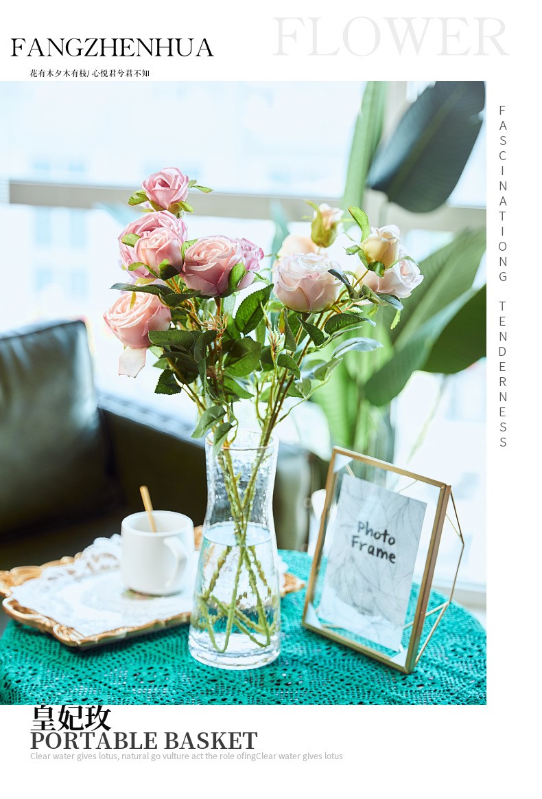 Wholesale and retail of 3-head imperial rose artificial flowers, artificial rose for dining tables, artificial flowers for rural soft furnishings, and silk flowers detail image 1