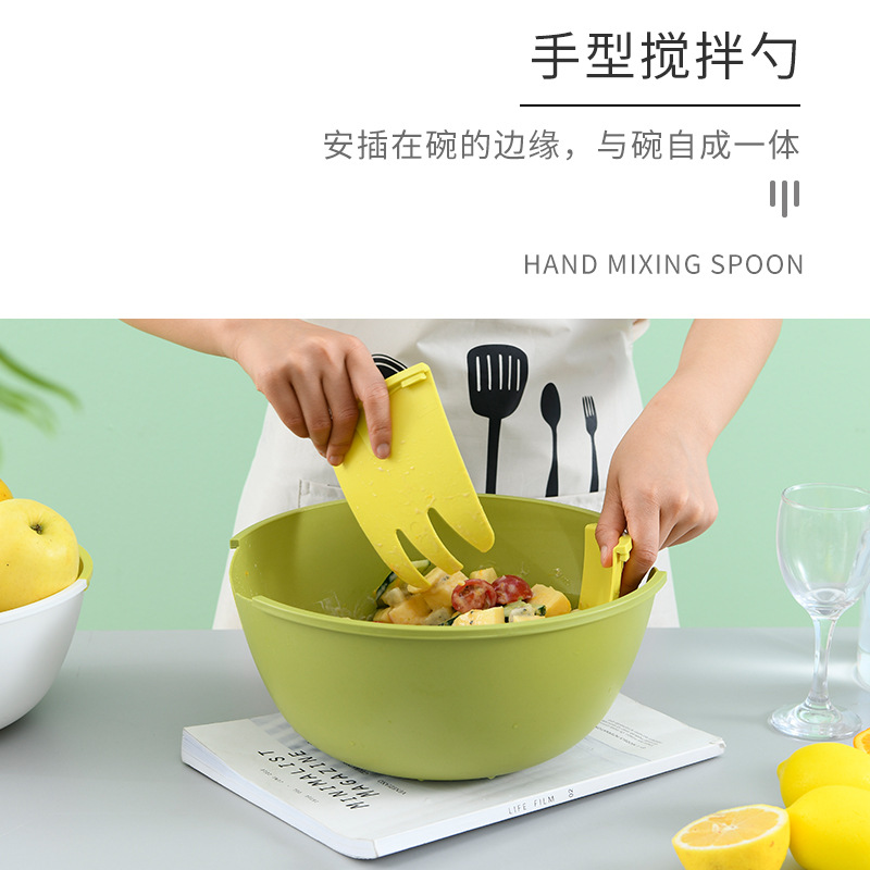 S39-8709自带搅拌勺沙拉碗家用塑料纯色圆形蔬菜水果碗厨房零食碗详情图4