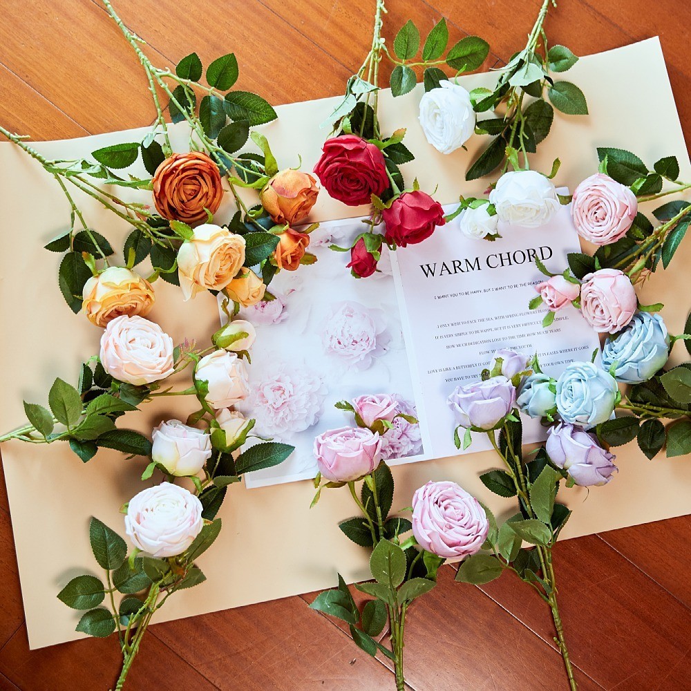 Wholesale and retail of 3-head imperial rose artificial flowers, artificial rose for dining tables, artificial flowers for rural soft furnishings, and silk flowers detail image 9