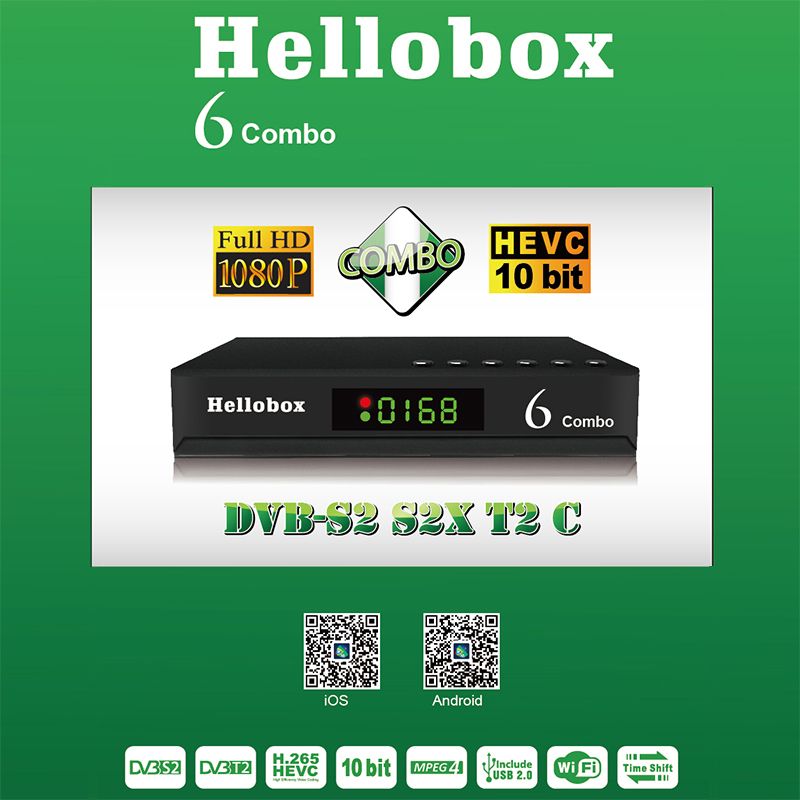 Hello box6 Combo TV BOX H.265 DVB S2X DVB-T2 DVB-C support Cline Newcamd Biss Auto Powervu Hello