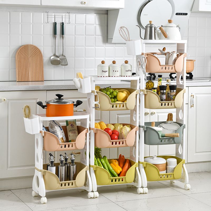 Four-story kitchen mobile storage rack, floor-standing multi-functional storage rack, home storage rack, wheeled rotating sundries rack Application Scenario