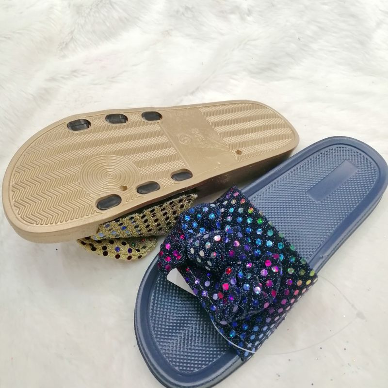 And One Trade Mixed Color Sequin Broken Diamond Bow Flat Soft Bottom Comfortable Breathable Summer Must-Have Flip-Flops Blue Beige Specification drawing