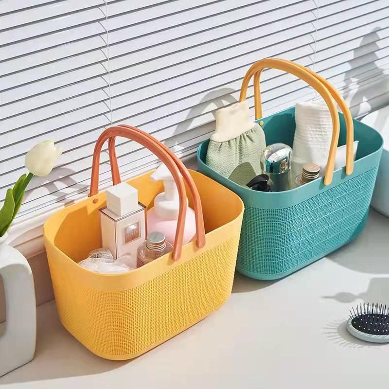 Bath basket, snack basket, linen texture, rattan weaving, plastic bath basket, hand-held bathroom, cosmetics, toiletries, storage basket. Dimensions: 26.5*18*16