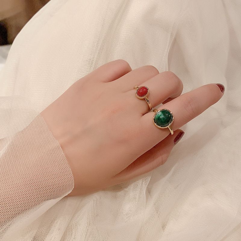 复古风气质百搭绿色大珍珠戒指两件套指环优雅个性潮人套装配饰女