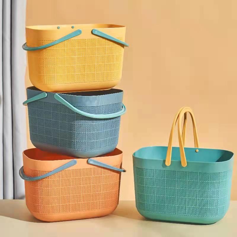 Bath basket, snack basket, linen texture, rattan weaving, plastic bath basket, hand-held bathroom, cosmetics, toiletries, storage basket. Dimensions: 26.5*18*16 Item Picture