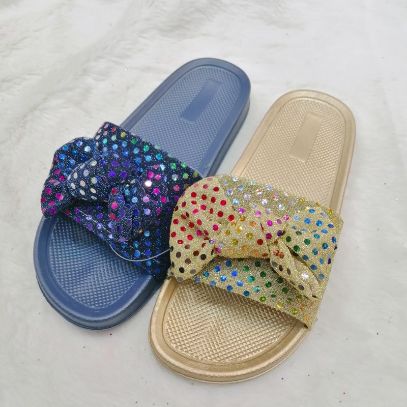 And One Trade Mixed Color Sequin Broken Diamond Bow Flat Soft Bottom Comfortable Breathable Summer Must-Have Flip-Flops Blue Beige details Picture
