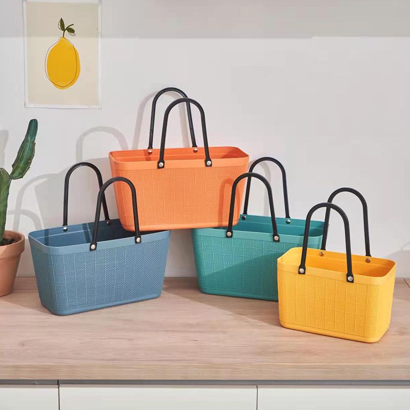 藤编麻布纹购物篮水果蔬菜零食手提篮子塑料家用浴室厨房收纳篮尺寸27.5*14*34