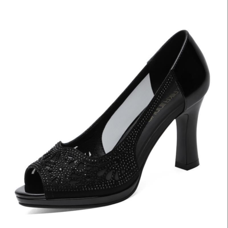 鱼嘴网纱凉鞋仙女风粗跟2020夏季新款女鞋时装高跟鞋时尚百搭