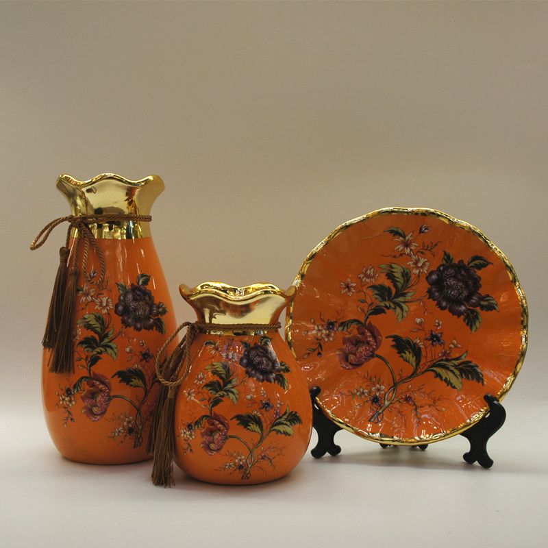 New European-style ceramic vase Three-piece luxury Home living Room decoration Wedding gift flower arranger Decoration Golden Castle vase full figure