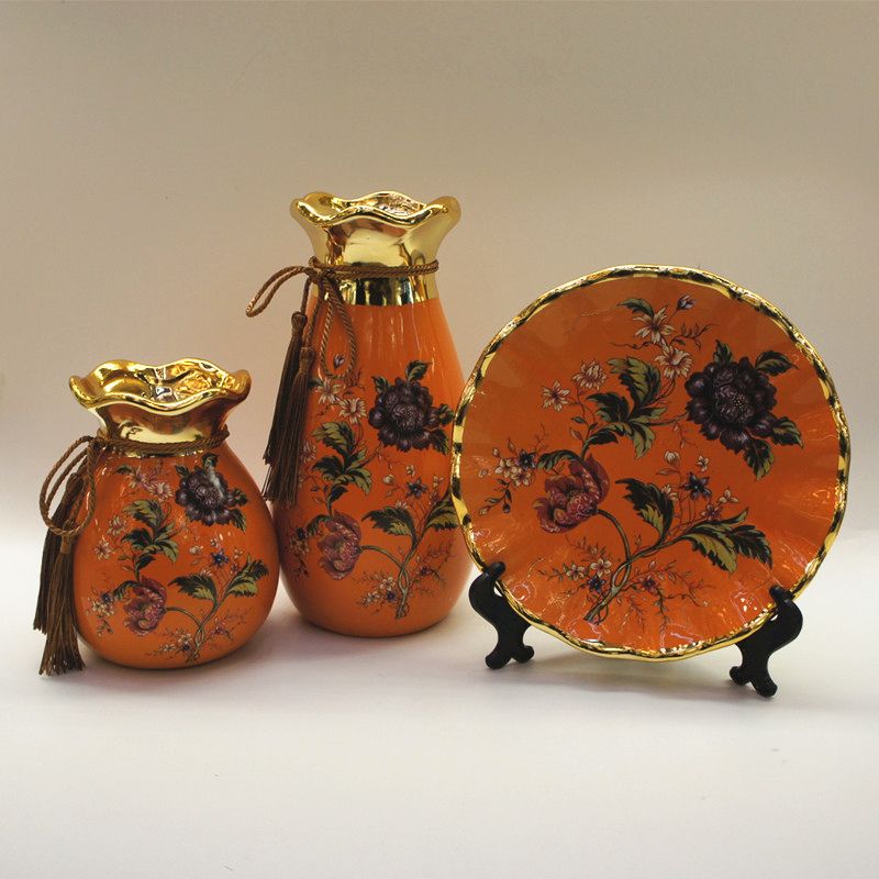New European-style ceramic vase Three-piece luxury Home living Room decoration Wedding gift flower arranger Decoration Golden Castle vase Specification drawing