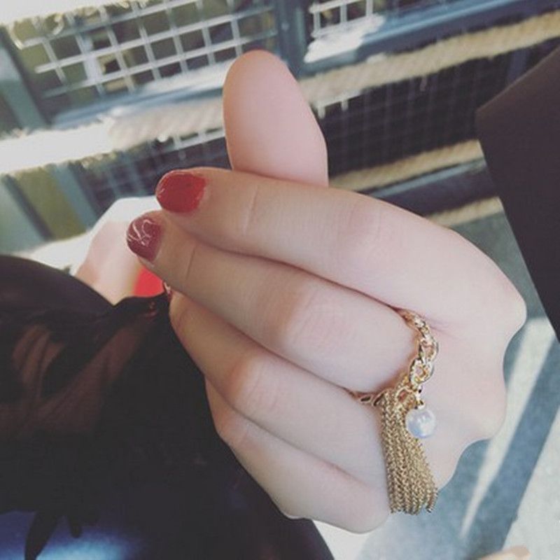 韩国新款时尚金色链条流苏镂空开口人造珍珠指环戒指个性气质饰品图
