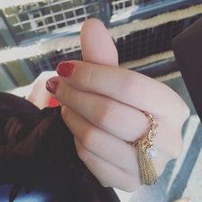 韩国新款时尚金色链条流苏镂空开口人造珍珠指环戒指个性气质饰品