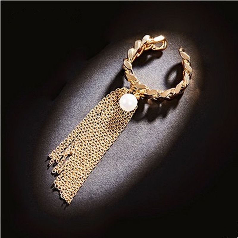 韩国新款时尚金色链条流苏镂空开口人造珍珠指环戒指个性气质饰品详情图2