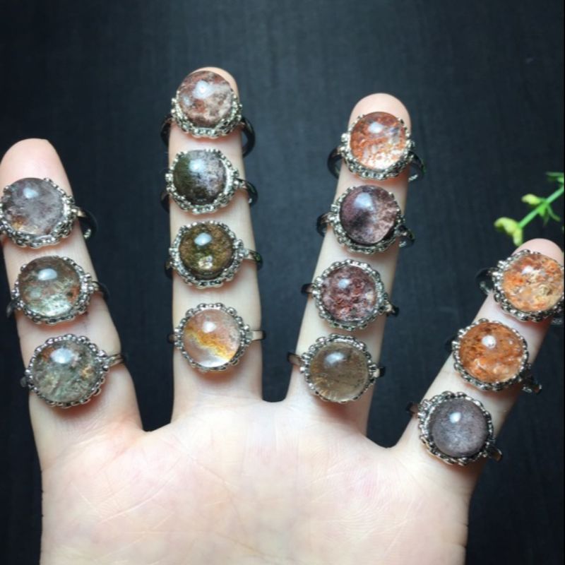 Bright crystal jewelry, natural green ghost stone copper set open ring