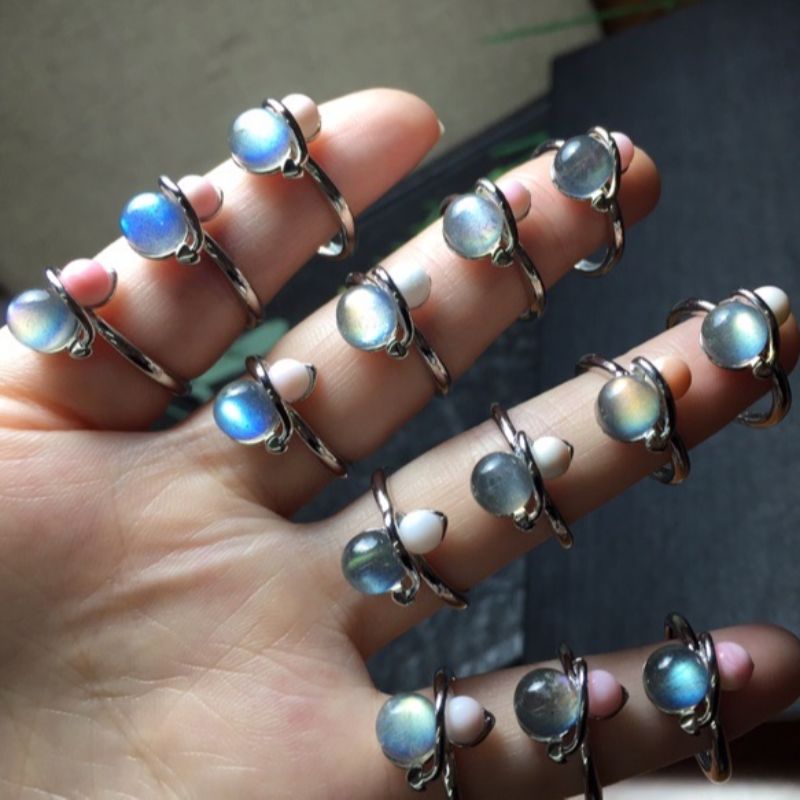 Bright crystal jewelry, natural grey moonlight pink shell copper set open ring Specification image