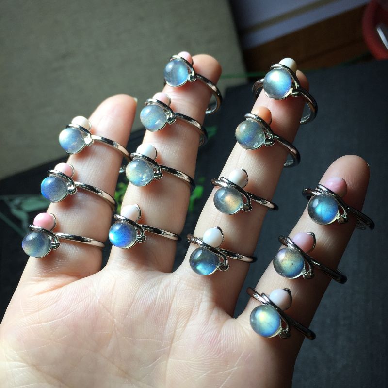 Bright crystal jewelry, natural grey moonlight pink shell copper set open ring details Picture