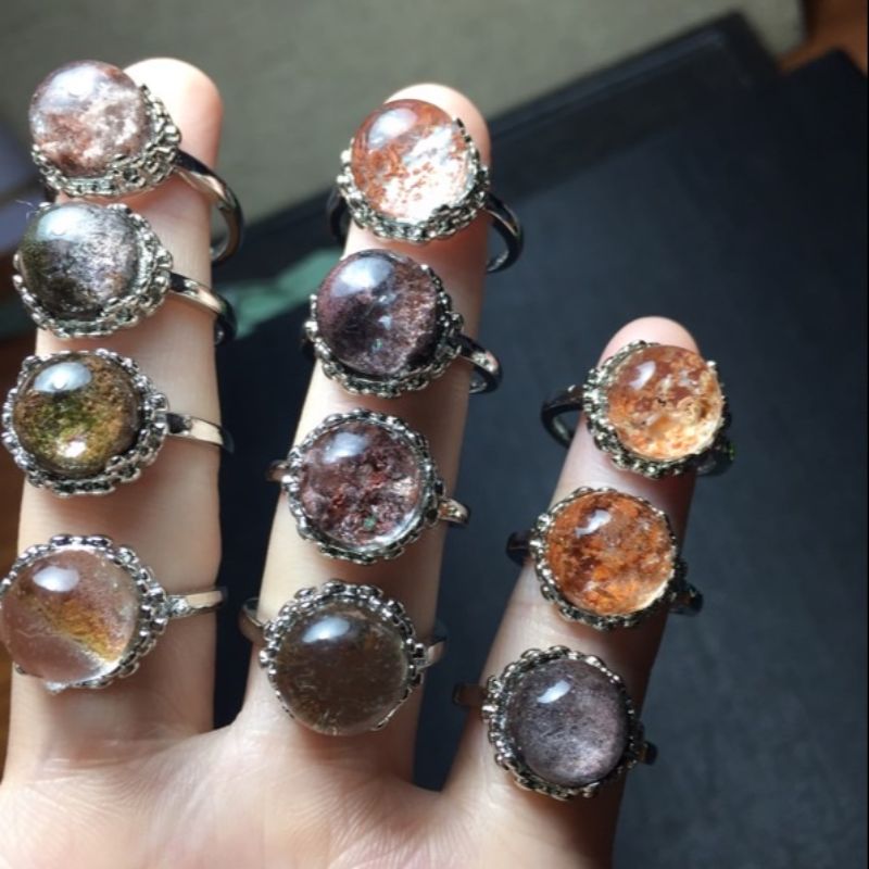 Bright crystal jewelry, natural green ghost stone copper set open ring Item Picture