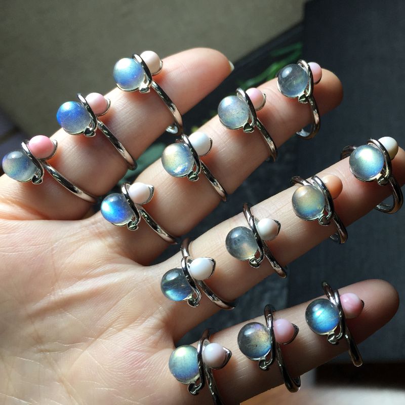 Bright crystal jewelry, natural grey moonlight pink shell copper set open ring