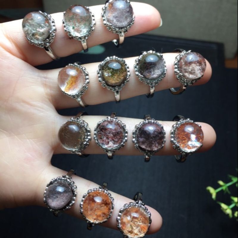 Bright crystal jewelry, natural green ghost stone copper set open ring details Picture