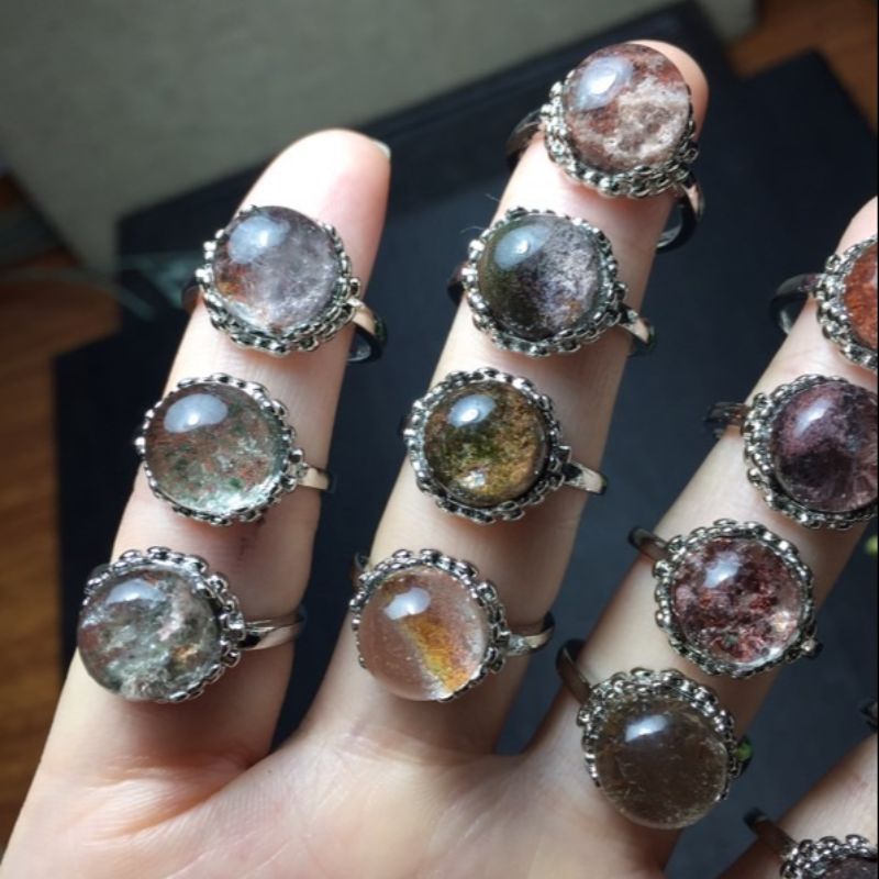 Bright crystal jewelry, natural green ghost stone copper set open ring Specification image