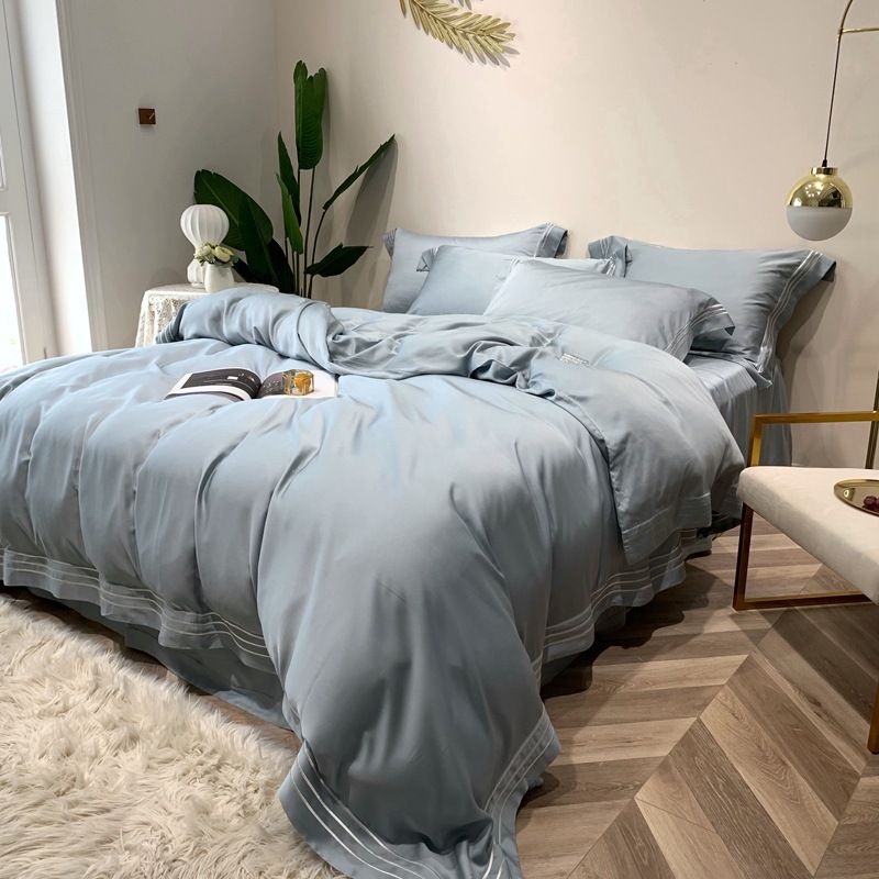High-end light luxury 320 Tencel four-piece set solid color embroidered bed cover summer silky smooth naked bed sheet bedding full figure