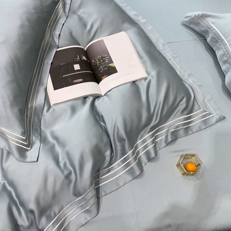 High-end light luxury 320 Tencel four-piece set solid color embroidered bed cover summer silky smooth naked bed sheet bedding Specification drawing