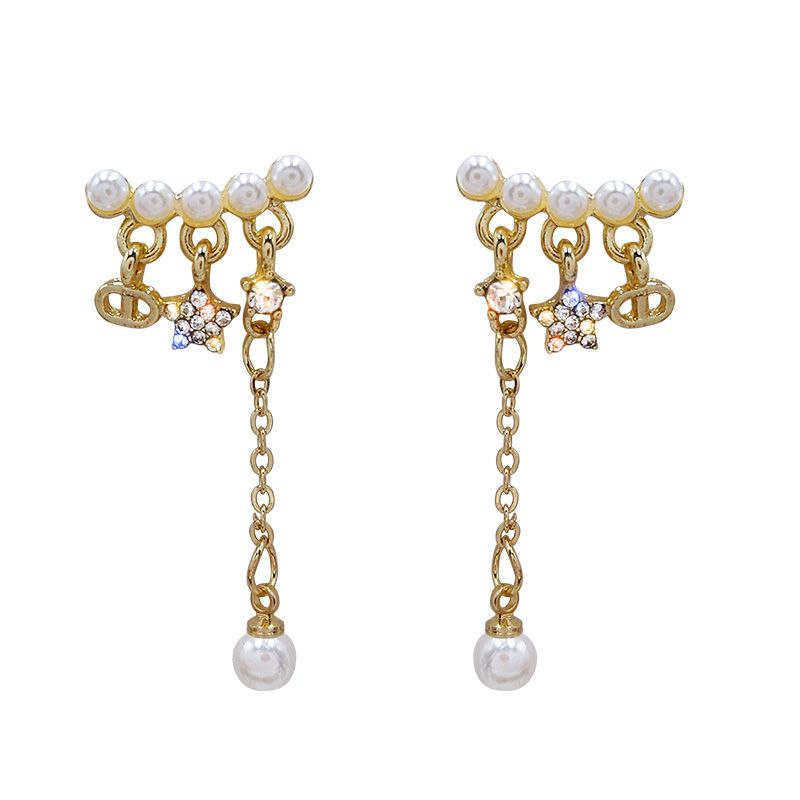 Korean crescent-shaped pearl tassel earrings, exquisite diamond five-pointed star earrings, women's light luxury and high-end feel Item Picture