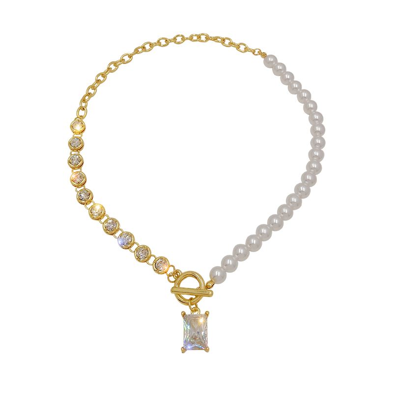 珍珠拼接项链/闪钻白底实物图