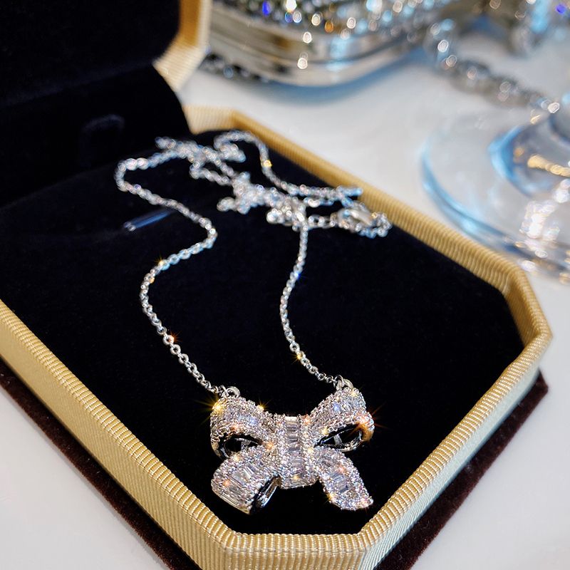Korean high-end zircon bow necklace, female Internet celebrity short collarbone chain, 2021 new style necklace Specification image