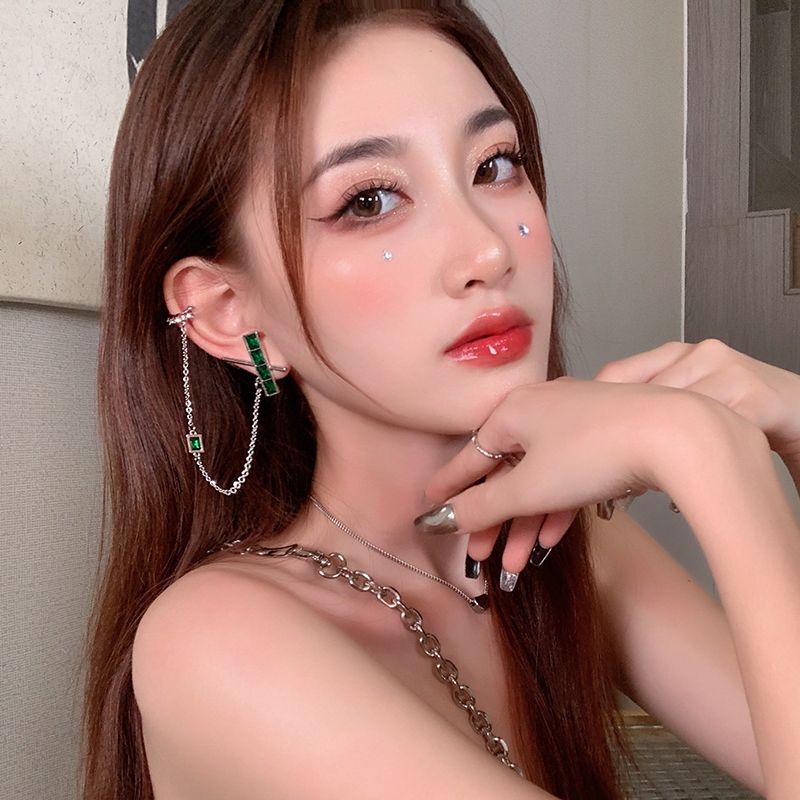 Talan Green Zircon tassel Stud Ear Clips 2021 New Trendy fashion Stud Ear clips for women's earrings without ear holes Autumn Edition details Picture