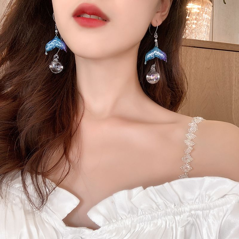 "Mermaid Love" Iridescent Fish Tail Glass Ball Mermaid Tail Earrings Moonlight Mermaid Girl Ear Hook Earrings for Women details Picture
