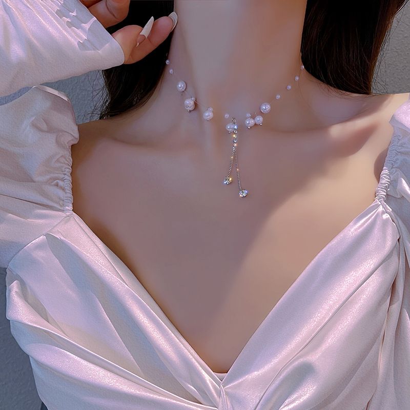 Mermaid's Tears ~ Natural Pearl Sparkling Diamond Tassel Necklace for Women, a new 2021 light luxury and niche short necklace details Picture