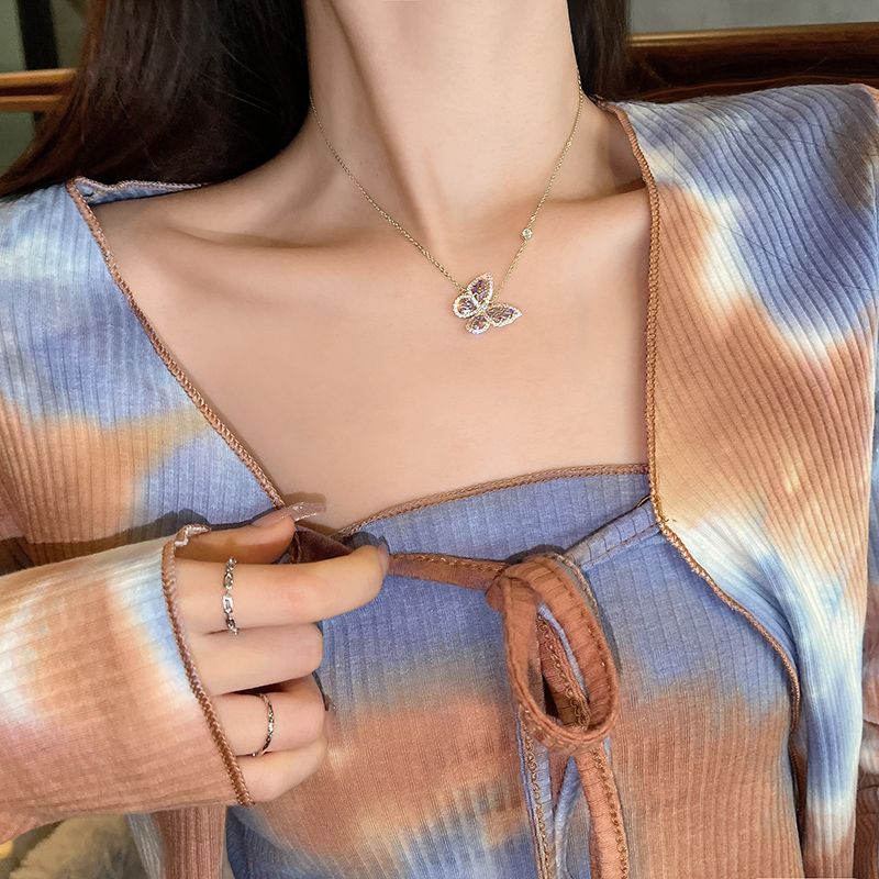 Korean high-end micro-inlaid zircon butterfly necklace, 2021 new style, light luxury and niche design sense necklace
