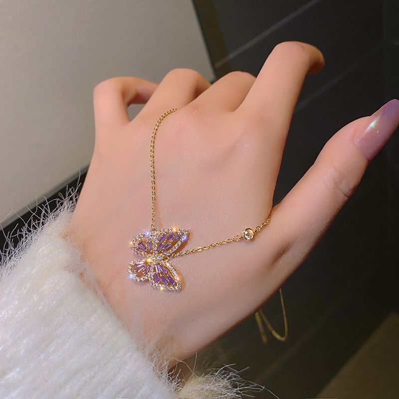Korean high-end micro-inlaid zircon butterfly necklace, 2021 new style, light luxury and niche design sense necklace Specification image