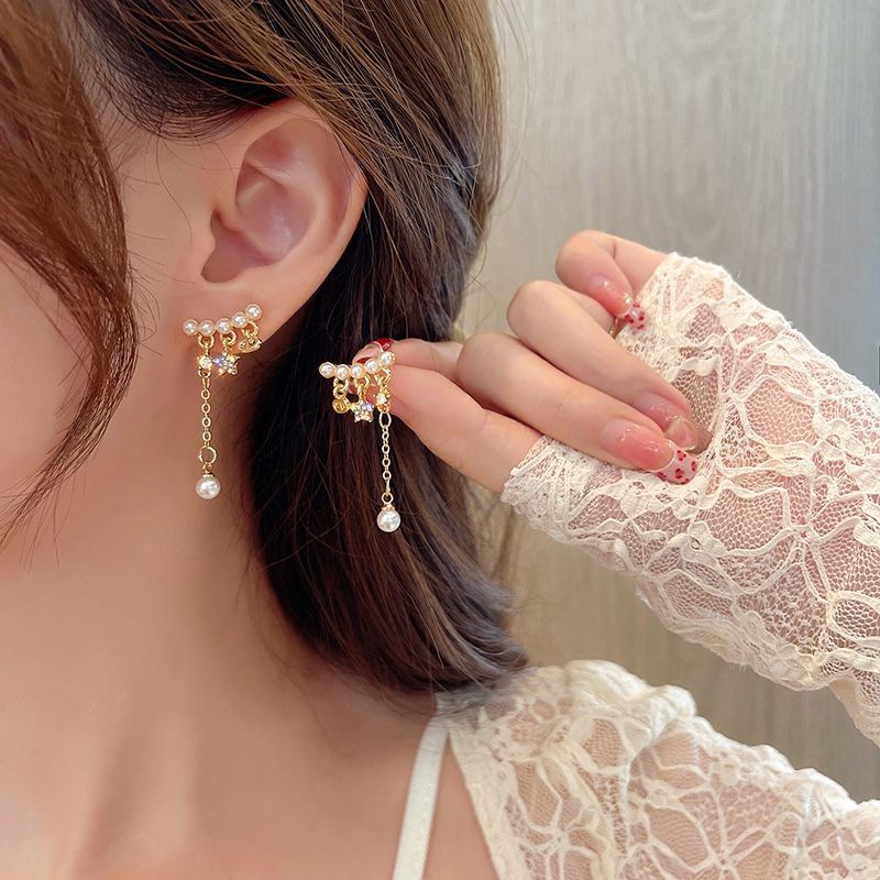 Korean crescent-shaped pearl tassel earrings, exquisite diamond five-pointed star earrings, women's light luxury and high-end feel