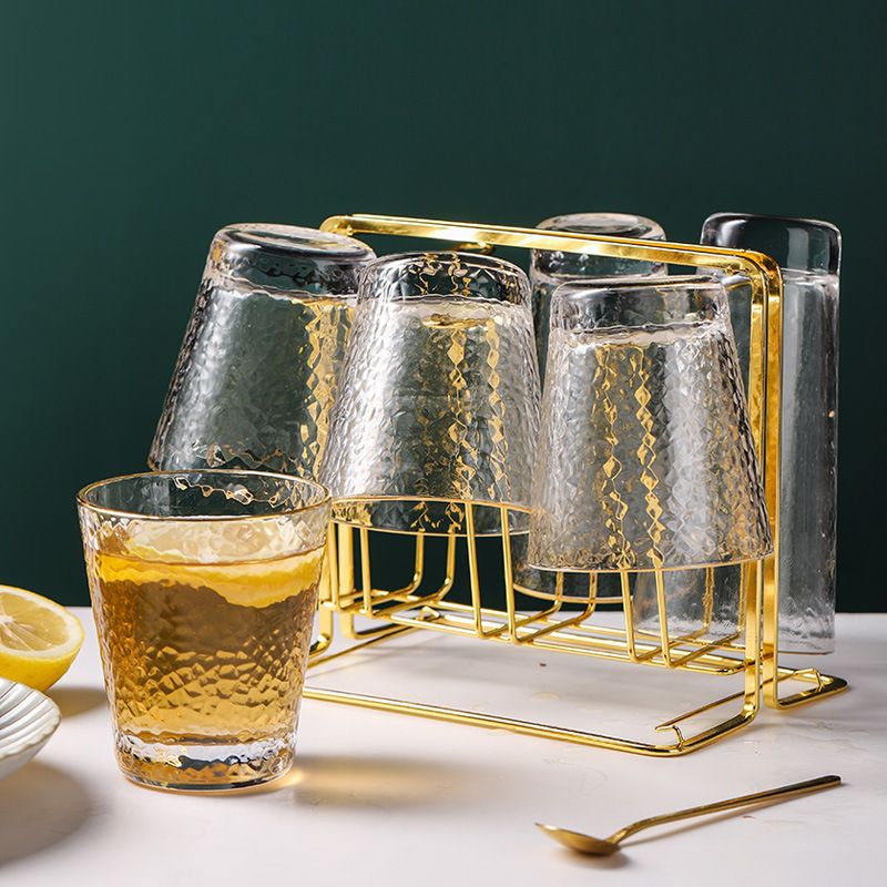 日式金边锤纹杯透明果汁牛奶玻璃杯套装ins网红家用冰水杯