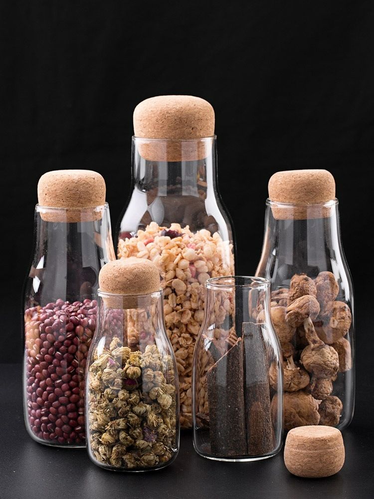 Japanese-style glass storage jars, tea cans, sealed wooden stoppers, glass flower tea cans, coffee bean and dried fruit storage jars, sealed cans Specification image
