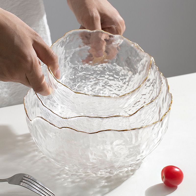 Mili Fengwu Japanese Transparent Glass Bowl and Plate Set, Home Light Luxury Golden Edge Fruit Plate, Internet-famous Crystal Salad Bowl