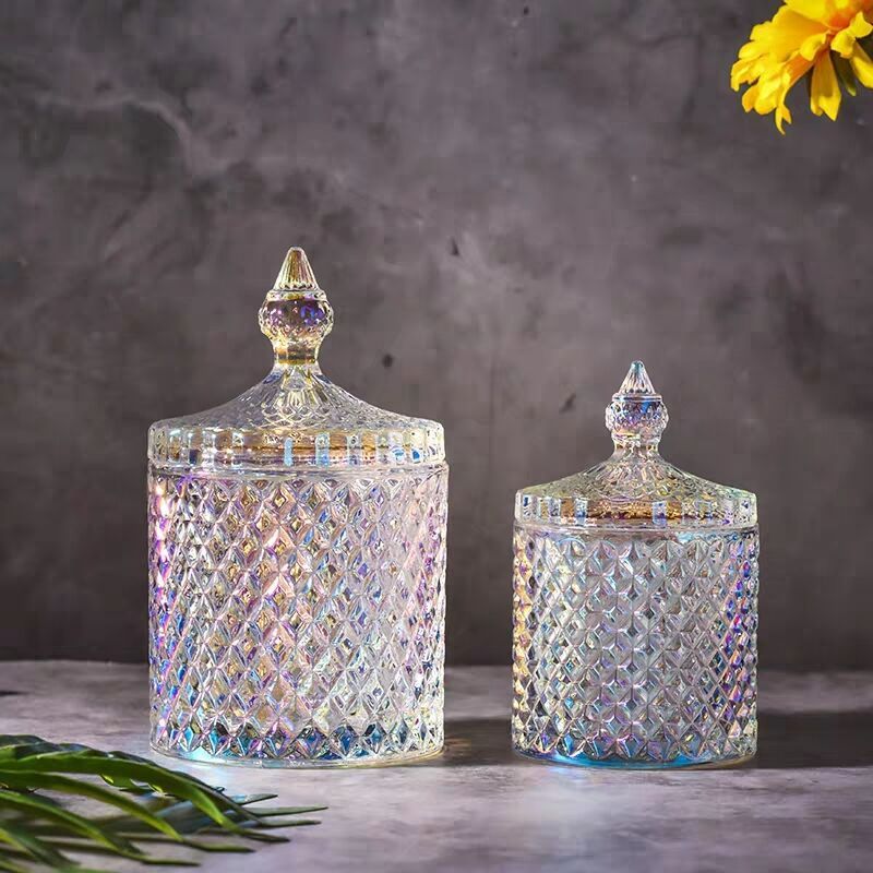 Colored glass storage jars, European Roman snack jars with LIDS, wedding jewelry boxes, candy cups, candlesticks, candy jars Application Scenario