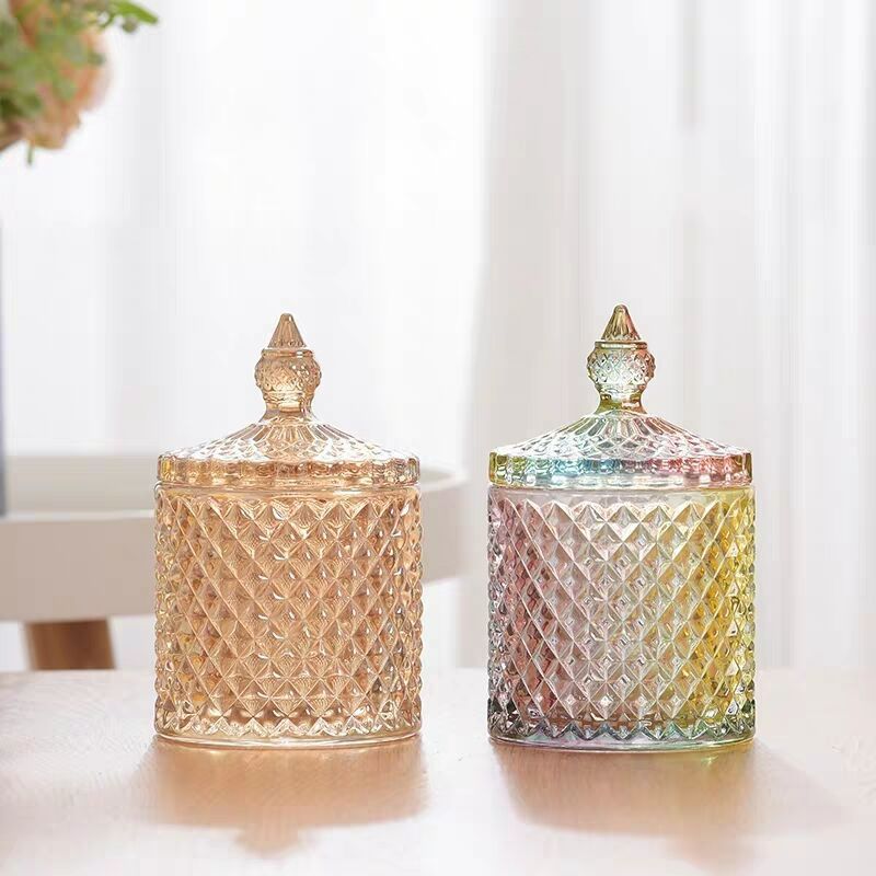 Colored glass storage jars, European Roman snack jars with LIDS, wedding jewelry boxes, candy cups, candlesticks, candy jars Item Picture