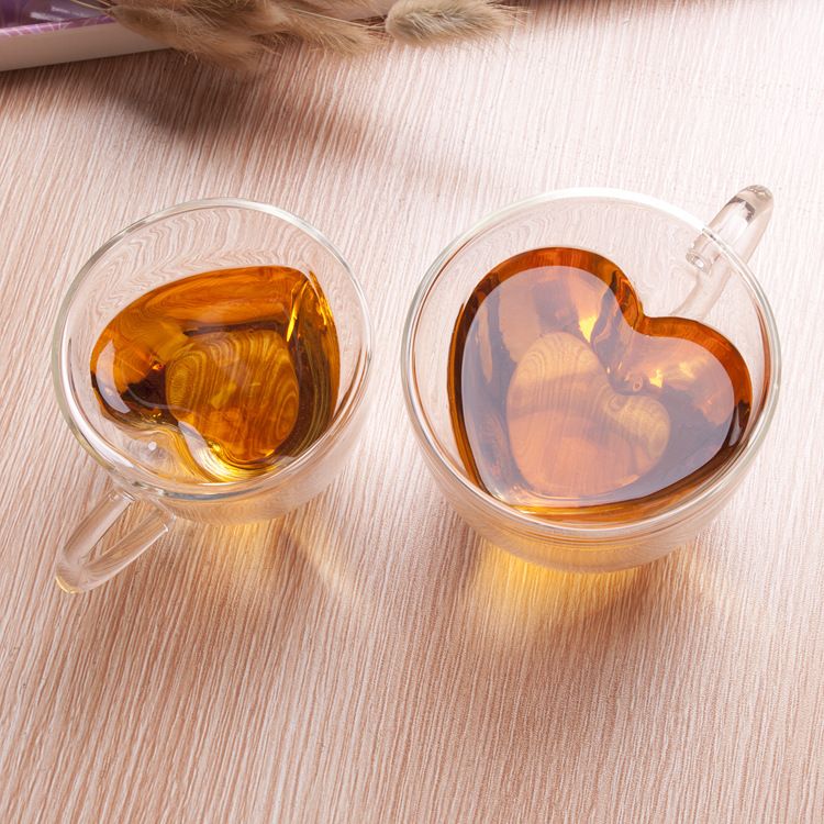 Couple cups, heat-insulating creative heart-shaped non-hot double-layer glass cups, high borosilicate glass juice drink cups, coffee cups details Picture