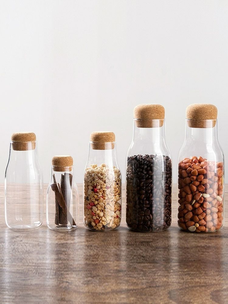 Japanese-style glass storage jars, tea cans, sealed wooden stoppers, glass flower tea cans, coffee bean and dried fruit storage jars, sealed cans details Picture