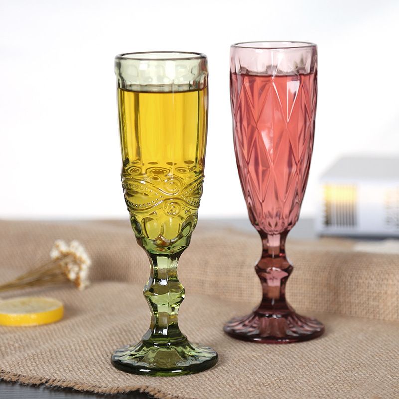 Retro colored embossed champagne glass, creative small juice glass, glass highball glass, household thickened red wine glasses and wine sets Specification image