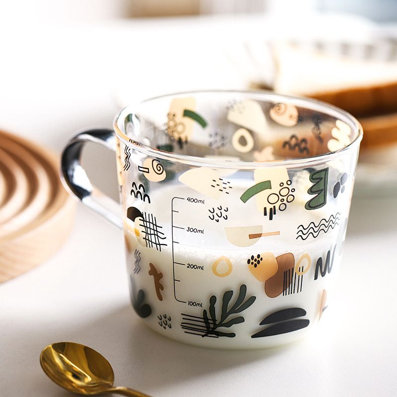 Heat-resistant glass cups, household water cups with handles and scales, women's ins style, high appearance level, drinking water, milk breakfast cups Item Picture