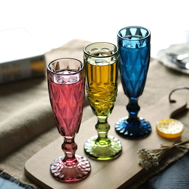 Retro colored embossed champagne glass, creative small juice glass, glass highball glass, household thickened red wine glasses and wine sets details Picture