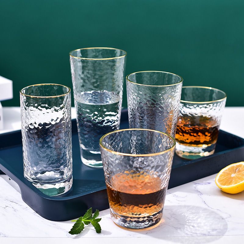 Japanese-style golden edge hammer-patterned cup, transparent juice and milk glass cup set, Instagram-popular household ice water cup details Picture