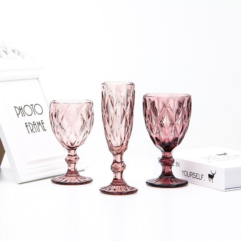 A 7-piece set of European-style retro diamond-shaped embossed glass cups, wine glasses, rim cups and colored highball cups from the manufacturer Specification image