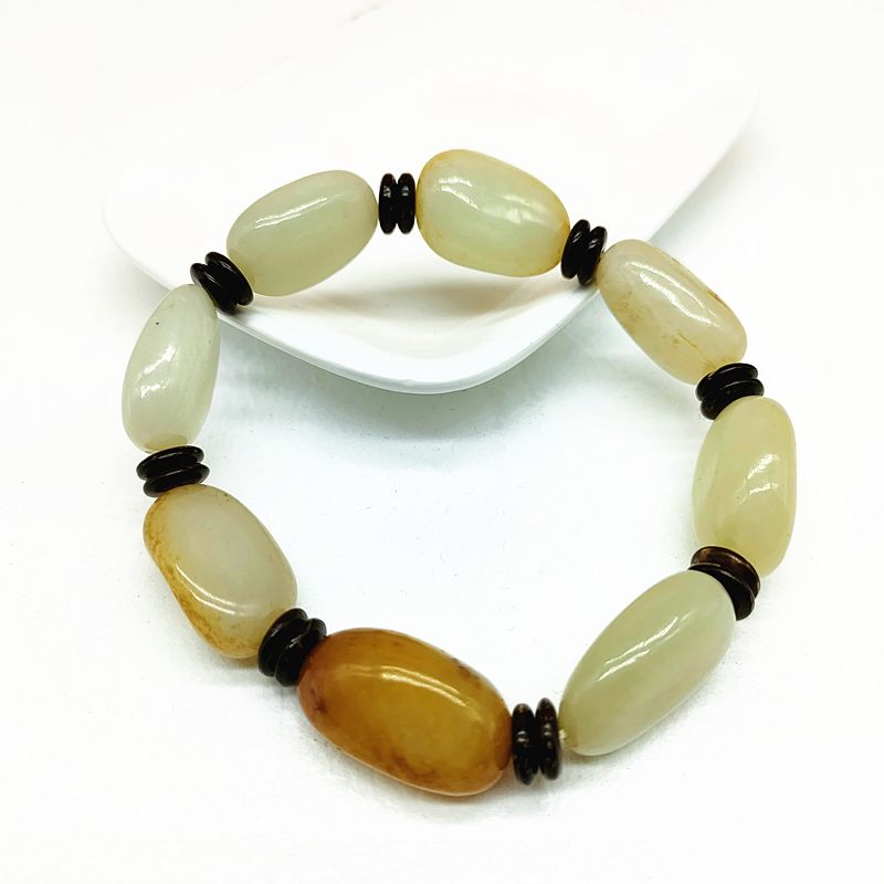 Genuine oil-lustrous Xinjiang Hotan jade large grain bracelet, white jade seed material red skin raw stone bracelet, men's and women's styles details Picture