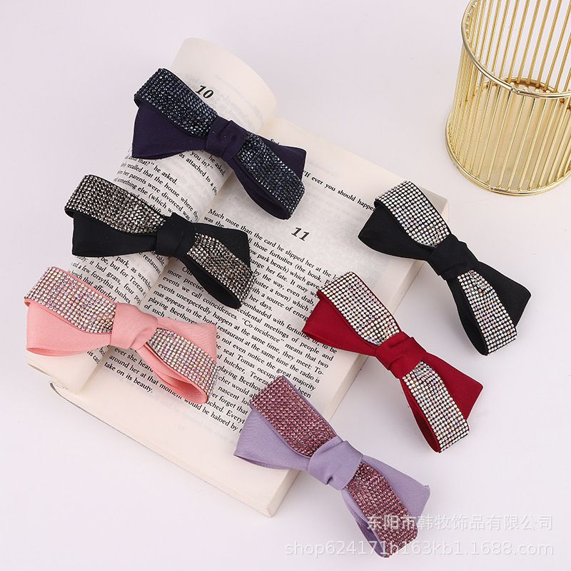 Ribbon hair clips for women, handcrafted fabric with hot diamonds, bow, rhinestone and straight clips, simple hair accessories details Picture