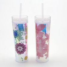 厂家直销小直通双层吸管塑料杯子可定制图案吸管杯子